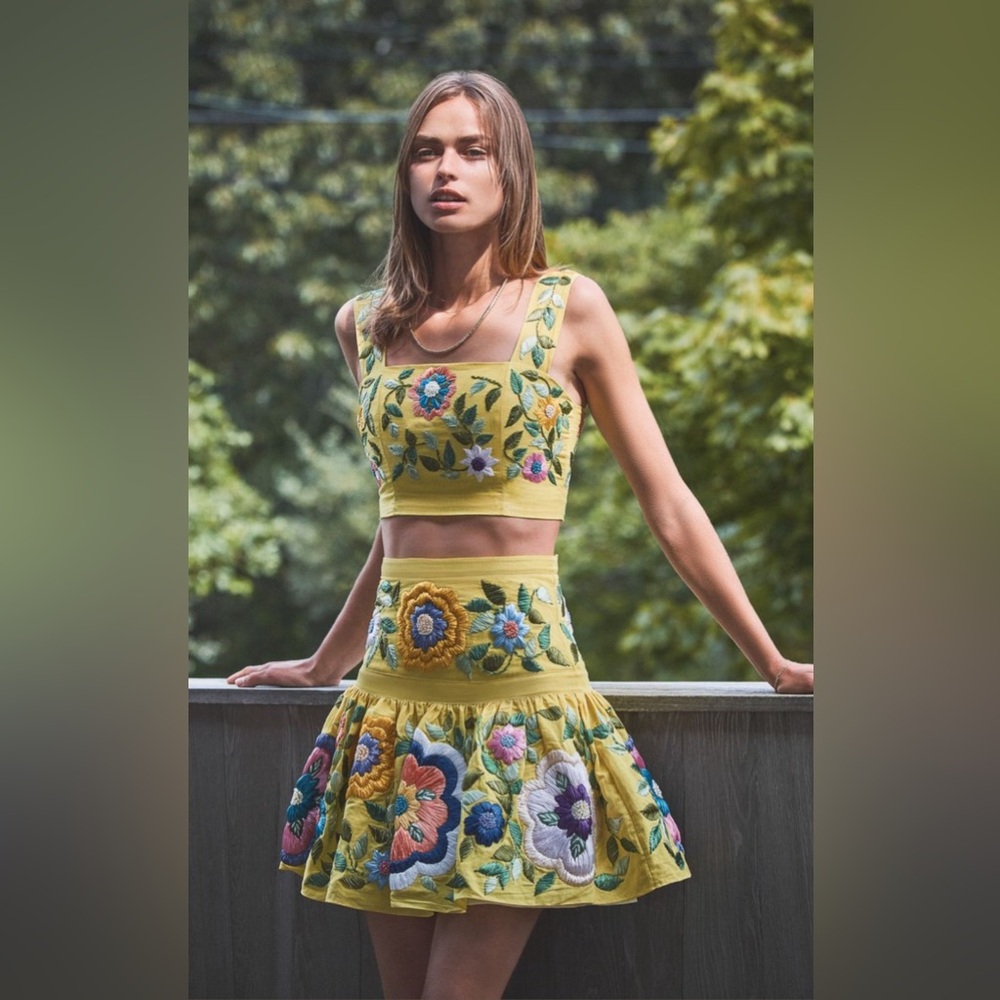 Alexis Kasandra Embroidered Floral Skirt Pattern Yellow Mini RARE HTF SZ Medium - Picture 5 of 16